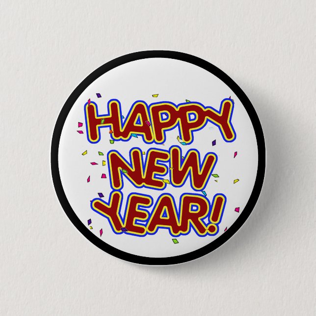 Badge Rond 5 Cm Joyeux Nouvel An - Joyeux Texte Rouge Avec Confett (Devant)