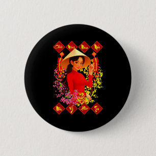 Badge Rond 5 Cm Joyeux Nouvel An Tet Binh Ngo 2026 Fille Vietnamie