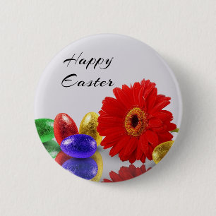 Badge Rond 5 Cm Joyeux Oeufs de Pâques colorés avec Gerbera