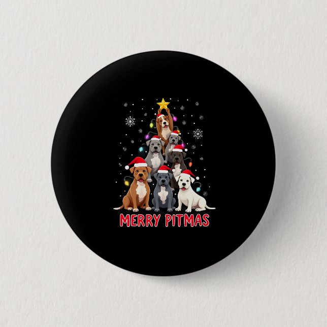 Badge Rond 5 Cm Joyeux Pitmas Pitbull Chien Pull de Noël Laid Arbr (Devant)