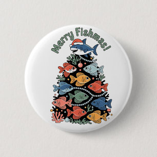 Badge Rond 5 Cm Joyeux Poisson Noël Arbre Poisson Drôle Pêche