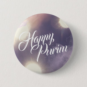 Badge Rond 5 Cm Joyeux purim en étincelle et pourpre