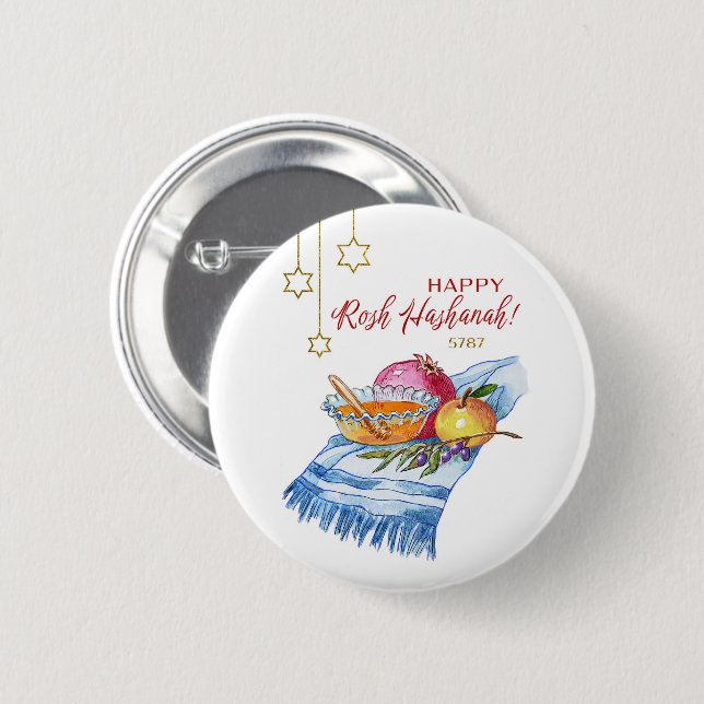 Badge Rond 5 Cm Joyeux Rosh Hashanah à l'aquarelle (Devant & derrière)