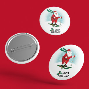Badge Rond 5 Cm Joyeux Ski de Noël Père Noël   Vacances