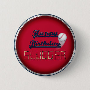 Badge Rond 5 Cm Joyeux Slugger d'anniversaire Red-Baseball-BUTTON 