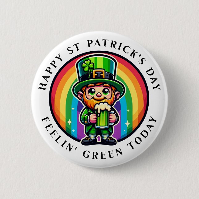 Badge Rond 5 Cm Joyeux St Patrick's Day Leprechaun avec bière vert (Devant)