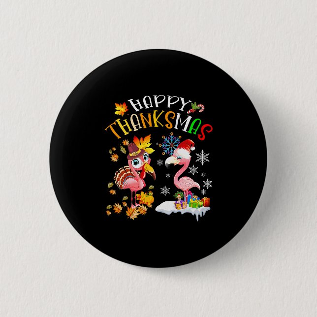 Badge Rond 5 Cm Joyeux Thanksmas Flamant rose Couple Thanksgiving  (Devant)