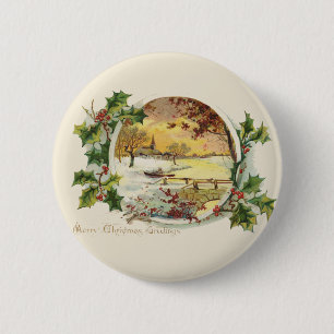 Badge Rond 5 Cm Joyeux voeux de Noël Scène Village Vintage