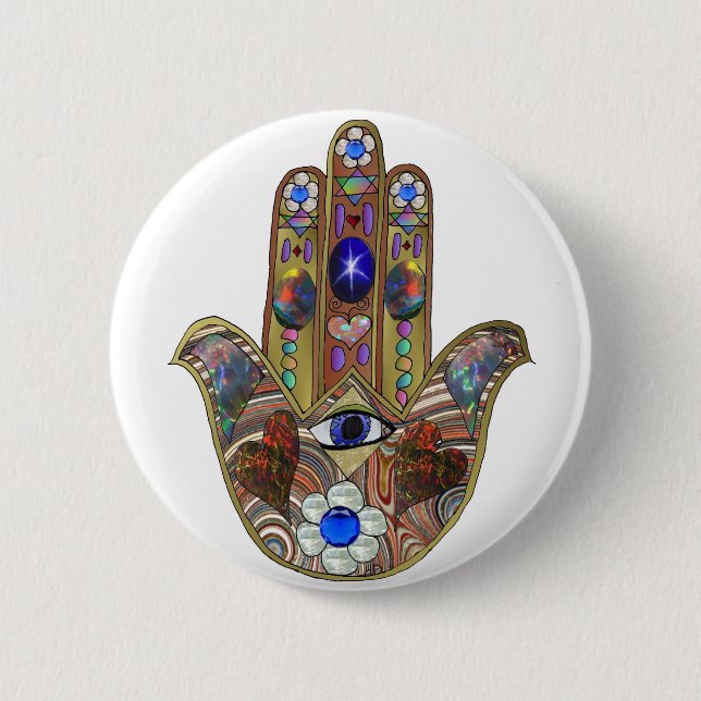 Badge Rond 5 Cm Judaica Hamsa Coeurs Fleurs Opal Art Imprimer (Devant)