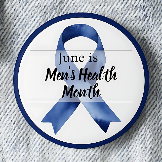 Badge Rond 5 Cm Juin Mois de la santé des hommes (Blue Awareness Ribbon June is Men's Health Month pinback button.)
