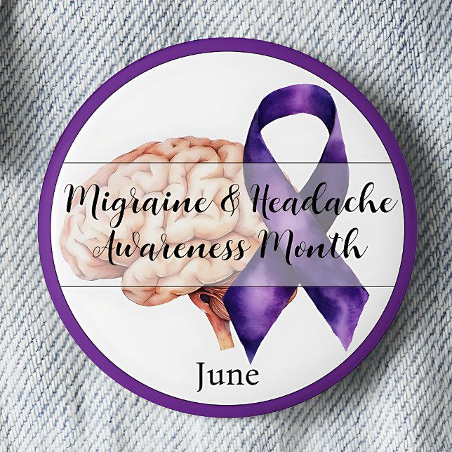 Badge Rond 5 Cm Juin Mois de sensibilisation aux migraines et aux  (Migraine & Headache Awareness Month.  June. Purple awareness ribbon.)