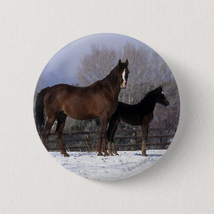 Badge Rond 5 Cm Jument et poulain arabes dans la neige