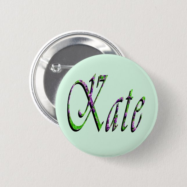 Badge Rond 5 Cm "Kate" Floral Lavande Nom Kate, (Devant & derrière)
