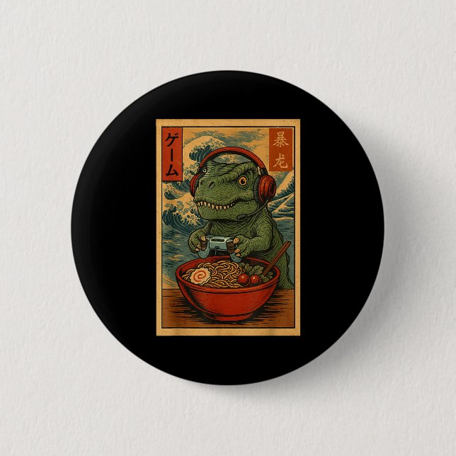 Badge Rond 5 Cm Kawaii Anime Gamer T-rex Ramen Retro Japanese Gami (Devant)