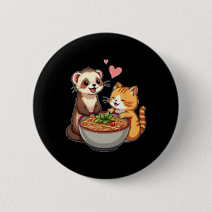 Badge Rond 5 Cm Kawaii Ferret Et Chat Manger Ramen Cute Japonaise