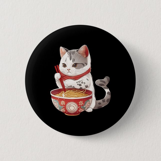 Badge Rond 5 Cm Kawaii Ne Ko Chat Manger Ramen Noodles Nourriture  (Devant)