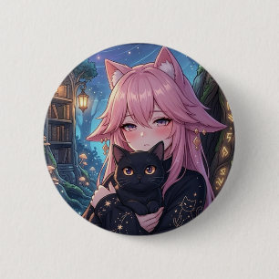 Badge Rond 5 Cm Kawaii Neko Fille Anime avec Chat Noir - Éclipse C