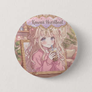 Badge Rond 5 Cm Kawaii Rythme Cardiaque Fille Anime Boba Thé Esthé