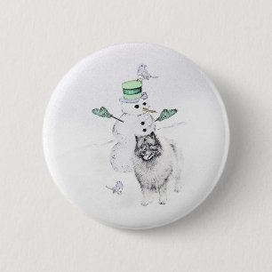 Badge Rond 5 Cm Keeshond Noël Snowman Peinture Chien Art