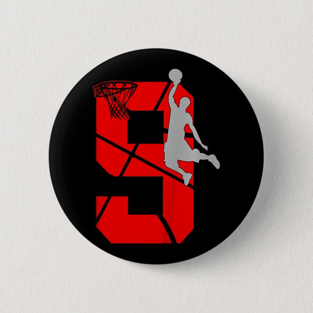 Badge Rond 5 Cm Kids 9 Year Old 9th Basketball Birthday PartyTheme (Devant)