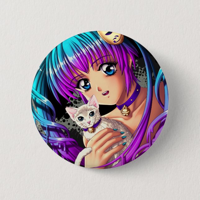 Badge Rond 5 Cm Kitten and Pigtail Manga Girl (Devant)