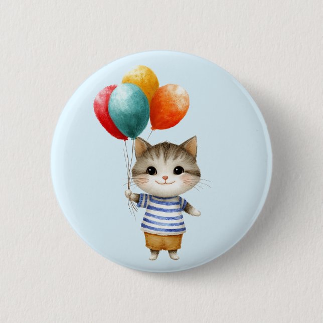 Badge Rond 5 Cm Kitten avec ballons d'anniversaire | Célébration d (Devant)