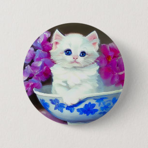 Badge Rond 5 Cm Kitten blanc vintage aux fleurs roses