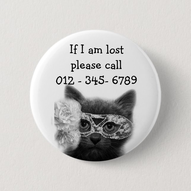 Badge Rond 5 Cm Kitten dans un masque, contact d'urgence pour enfa (Devant)