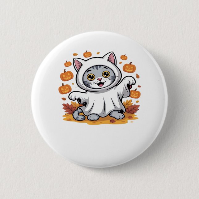 Badge Rond 5 Cm Kitten habillé comme un fantôme pour Halloween cla (Devant)