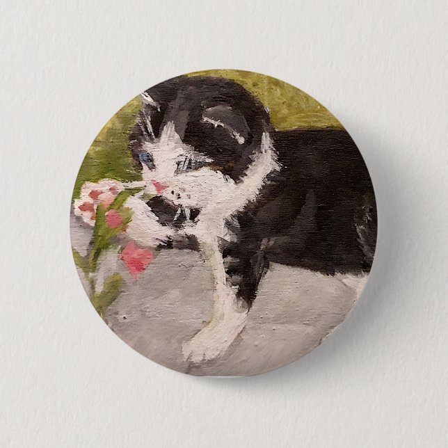 Badge Rond 5 Cm Kitten Jouer avec Fleur rose (Devant)
