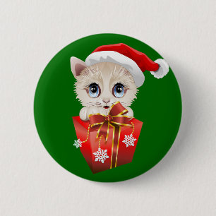 Badge Rond 5 Cm Kitten Noël Père Noël avec cadeau