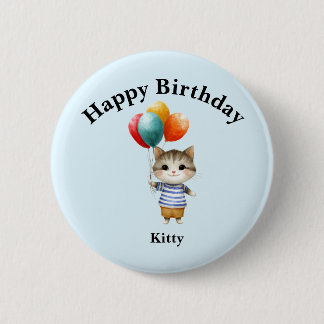 Badge Rond 5 Cm Kitten with Birthday Balloons | Cute Party Celebra