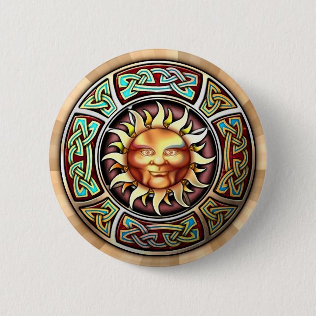 Badge Rond 5 Cm Knotwork Sun font face autour du bouton (Devant)