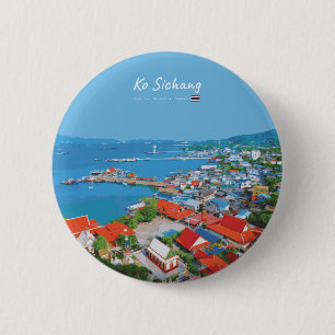 Badge Rond 5 Cm Ko Sichang, Thaïlande - Vue animée du port