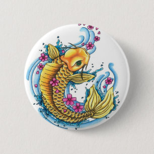 Badge Rond 5 Cm Koi avec le bouton de fleurs de cerisier