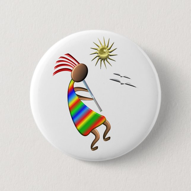 Badge Rond 5 Cm Kokopelli Sun et oiseaux (Devant)