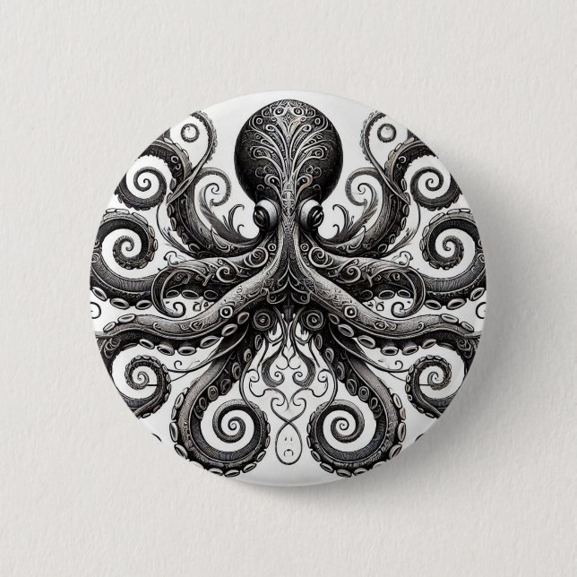 Badge Rond 5 Cm Kraken Steampunk Octopus Ornate Black (Devant)