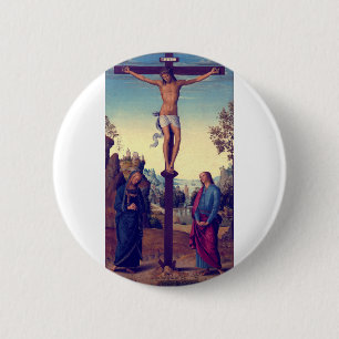 Badge Rond 5 Cm La Crucifixion avec la Vierge de Pietro Perugino