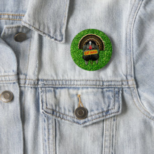 Badge Rond 5 Cm La dinde fière de SlipperyJoe mange du jambon roug