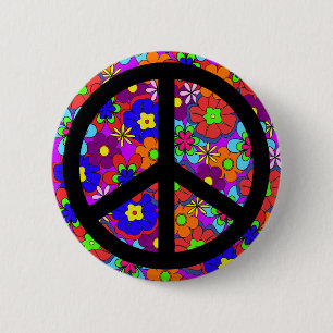 Badge Rond 5 Cm La hippie de signe de paix fleurit rétro
