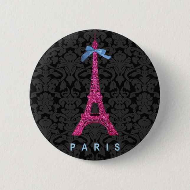 Badge Rond 5 Cm La tour Eiffel rose-chaud en faux parties scintill (Devant)