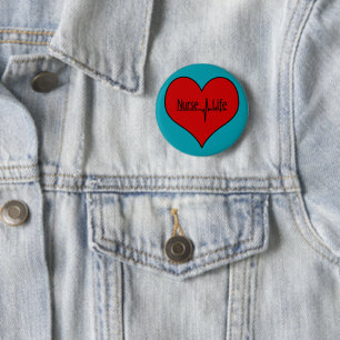 Badge Rond 5 Cm La vie d'infirmière - Cœur EKG rouge sur fond bleu