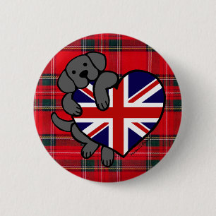 Badge Rond 5 Cm Labrador noir et tartan de bande dessinée du coeur