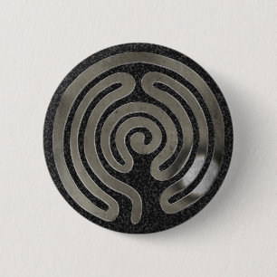 Badge Rond 5 Cm labyrinthe argent antique éclaboussure noire
