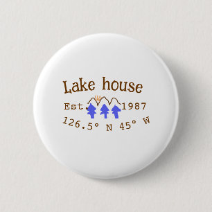 Badge Rond 5 Cm Lake house et. Date année coordonnées personnalisé
