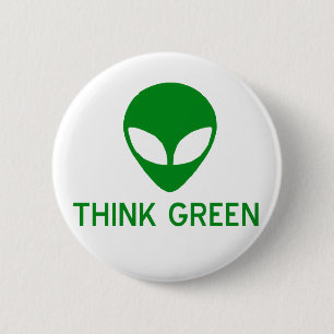 Badge Rond 5 Cm L'alien pensent le bouton vert