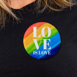 Badge Rond 5 Cm L'amour est la fierté de l'amour Arc-en-ciel<br><div class="desc">Ce bouton Pride est décoré avec LOVE IS LOVE en caractères blancs gras sur un arc-en-ciel d'aquarelle arrière - plan de rouge,  orange,  jaune,  vert,  bleu et violet. Aquarelle originale © Michele Davies.</div>