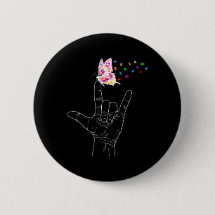 Badge Rond 5 Cm Langue des signes américaine Je t'aime Papillon Au