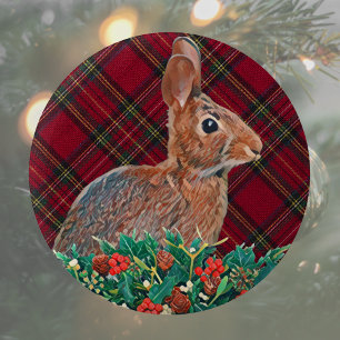 Badge Rond 5 Cm Lapin avec baies Holly et Plaid