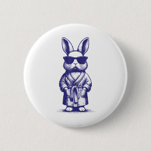 Badge Rond 5 Cm Lapin avec robe et lunettes de soleil bleu Pâques